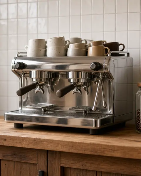 Café counter with an espresso machine, stacked cups and a jar of coffee beans